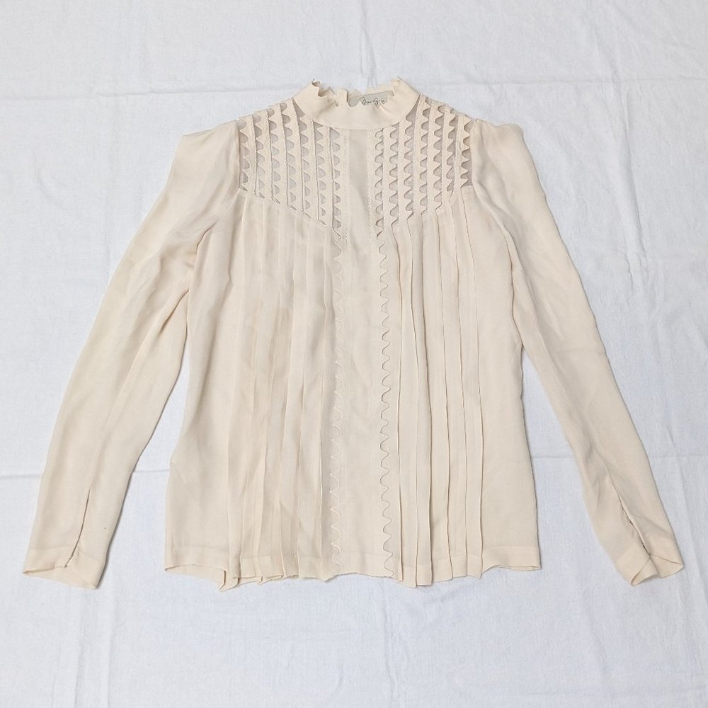 Max Azria Couture Womens Cream Long Sleeve Pleated Blouse Sheer Top Size Small